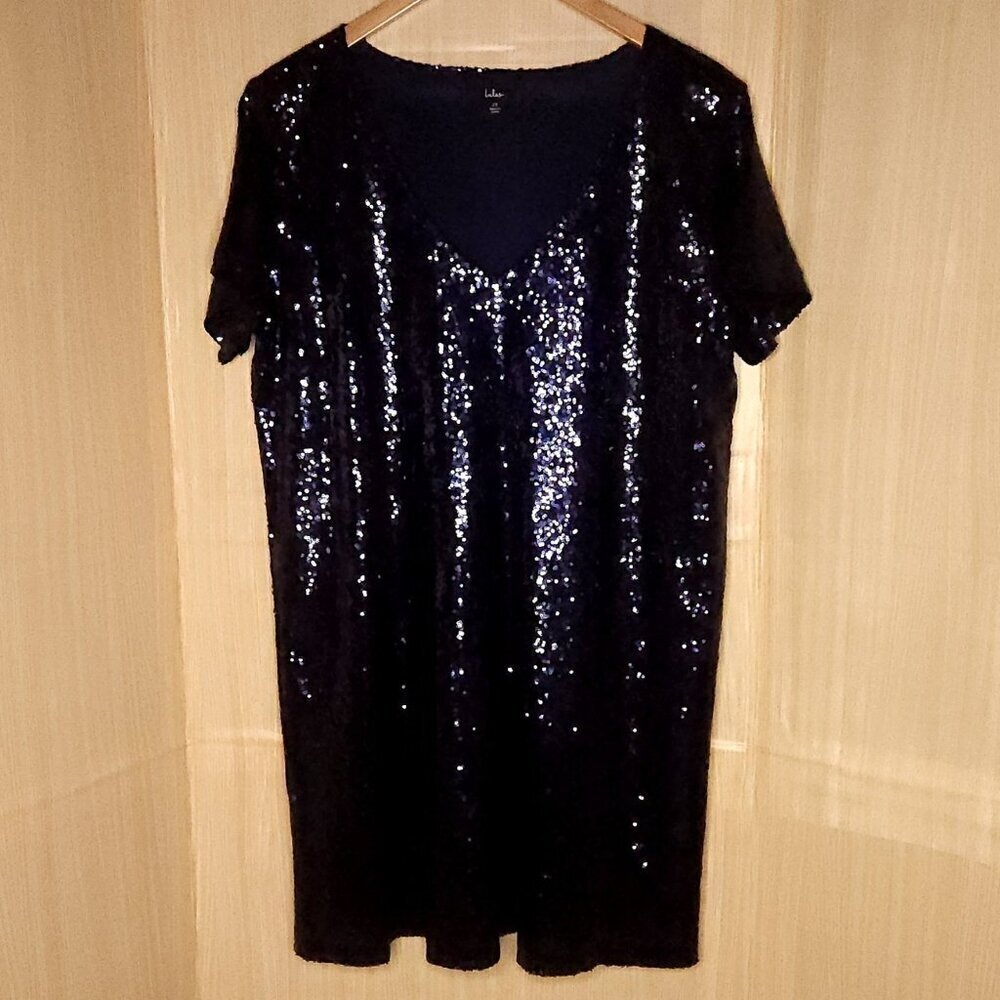 Lulus Womens Plus Navy Blue Short Sleeve Sequin Dress 2X